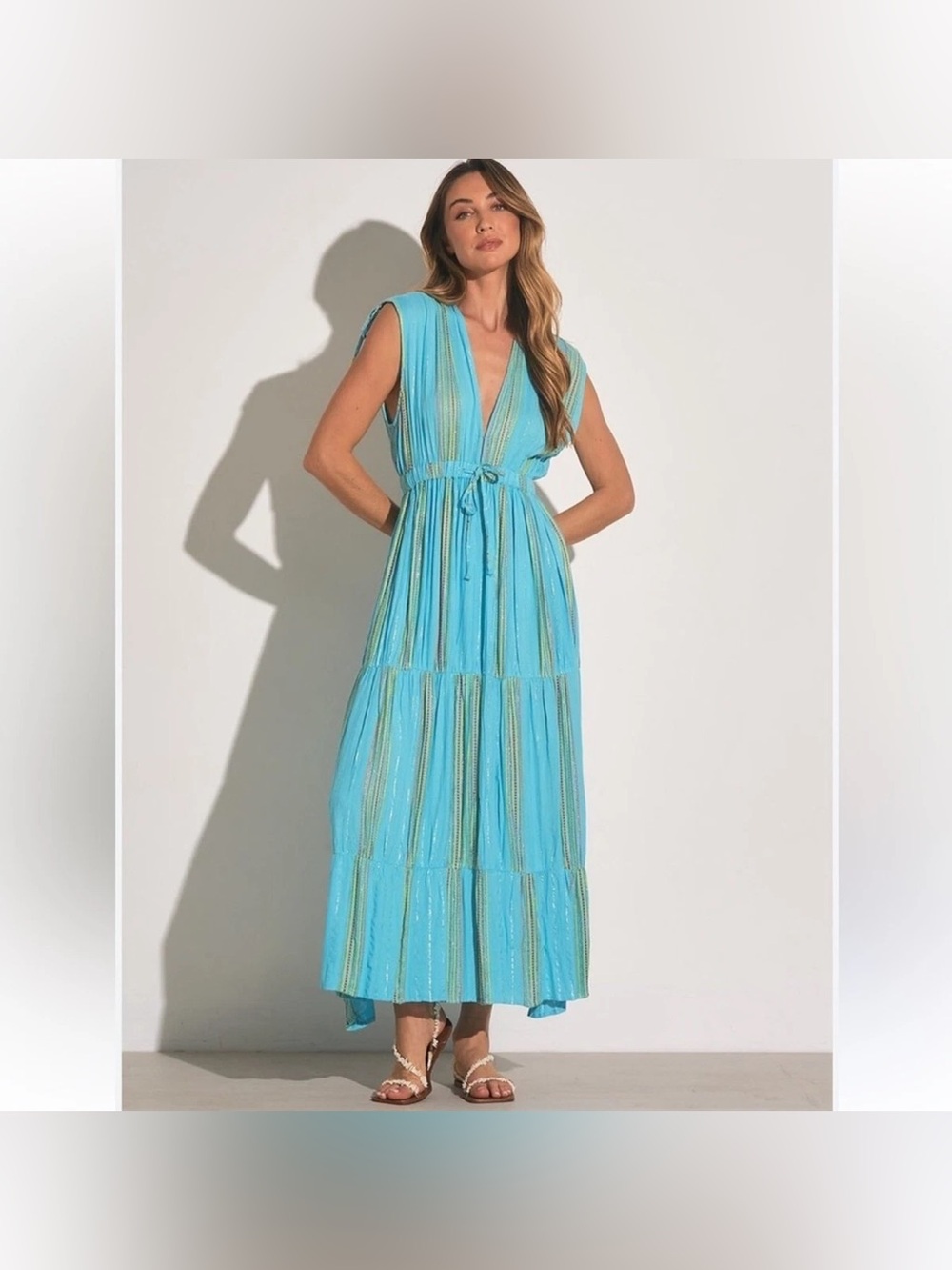 ELAN Blue Striped Maxi Dress Tie Waist Adjustable Coastal Beach Boho Size Medium